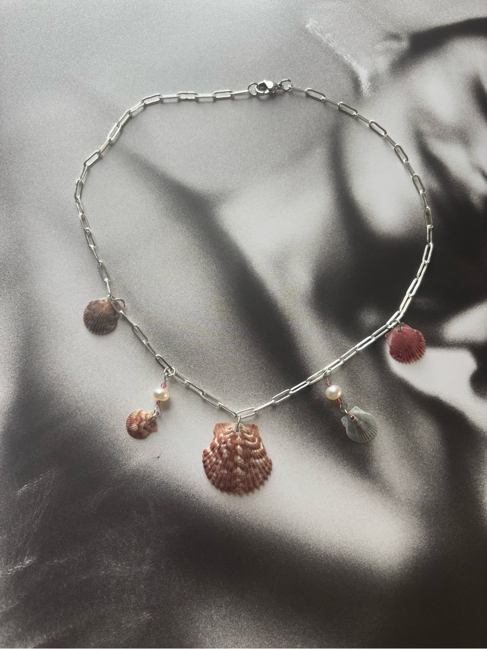 Silver Chain Necklace with Pink Shell Charms